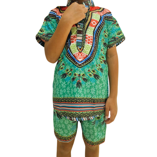 Oferta Combo Camisa + Short + Kufi Combinado. Conjunto Verde Afrodescendiente