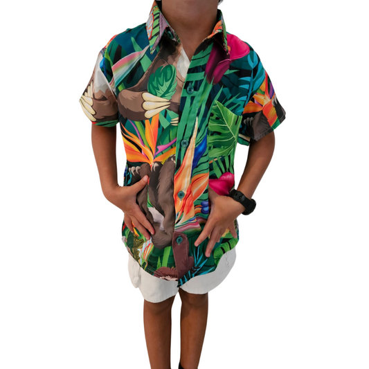 Camisa de Niño Hawaiana Playera Caribeña de Botones Estampado Oso Perezoso