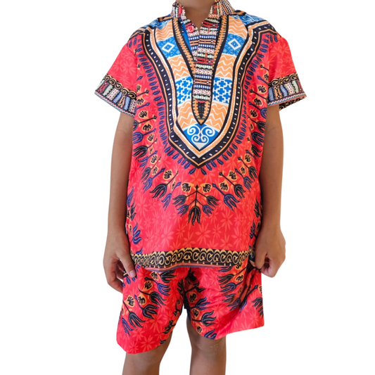 Oferta Combo Camisa Afrodescendiente de Niño y Short Estampado Naranja