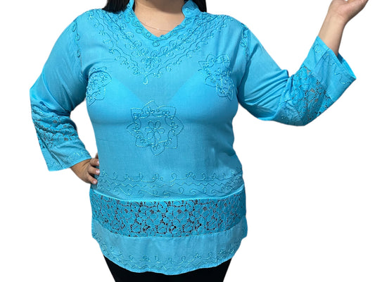 Blusa de Dama Azul Turquesa con Bordado Unitalla (M)