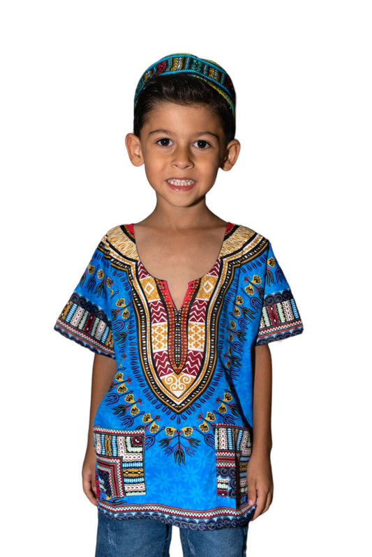 Oferta Combo Camisa Dashiki Afrodescendiente Azul de Niño + Sombrero (Kufi) Combinado