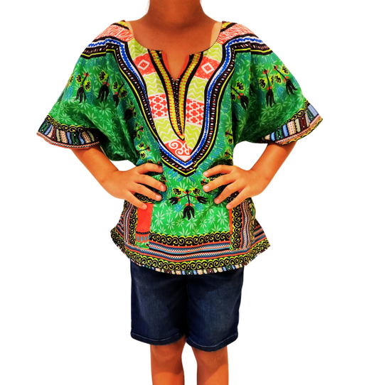 Camisa Dashiki de Niño Afrocaribeño Verde con Bolsillos