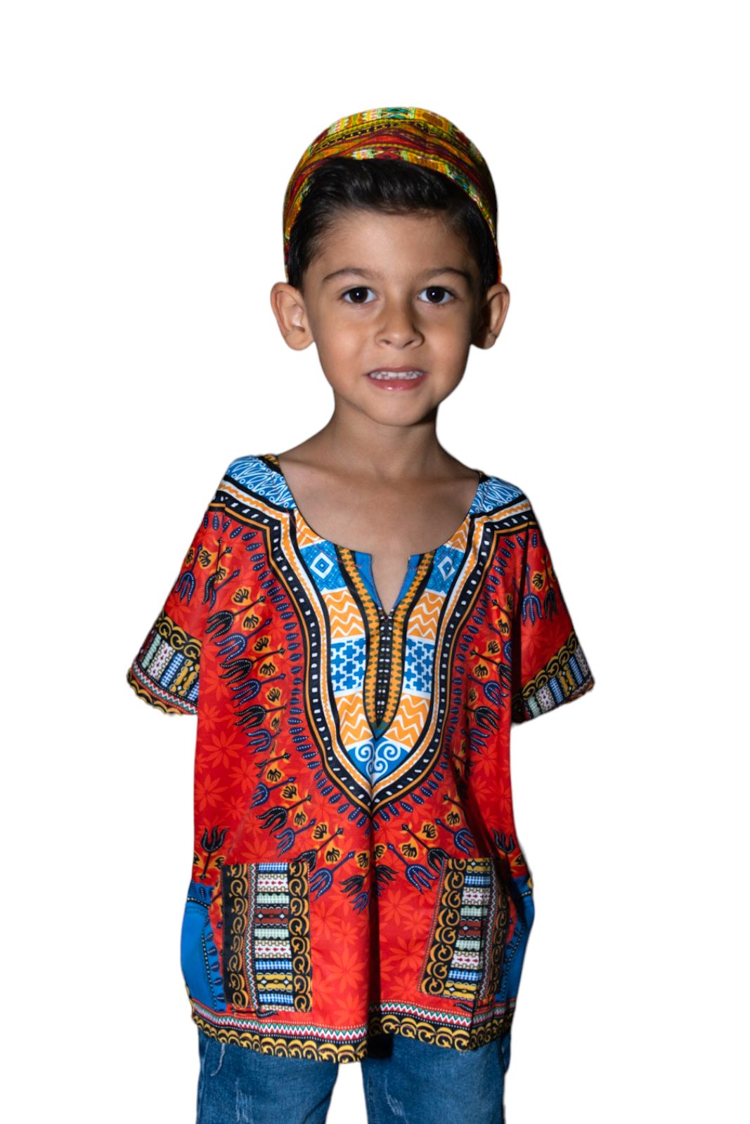 Oferta Combo Camisa Dashiki Afrodescendiente Naranja de Niño + Sombrero (Kufi) Combinado