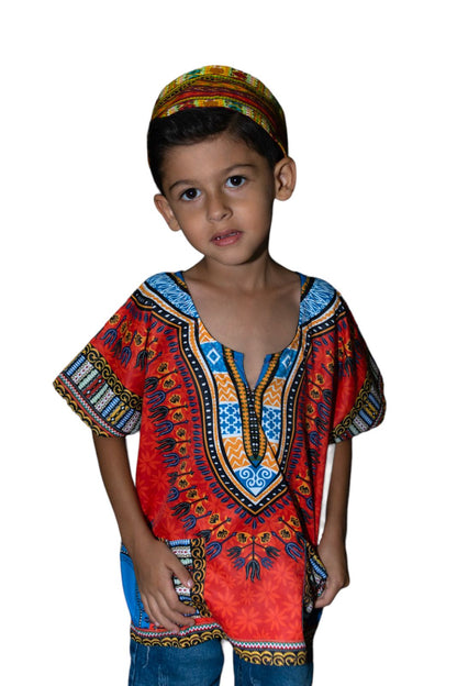 Oferta Combo Camisa Dashiki Afrodescendiente Naranja de Niño + Sombrero (Kufi) Combinado