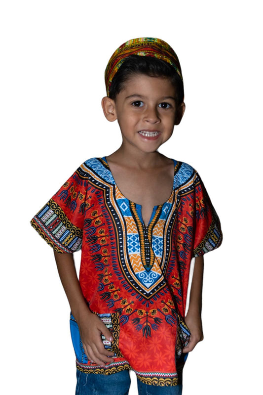 Oferta Combo Camisa Dashiki Afrodescendiente Naranja de Niño + Sombrero (Kufi) Combinado