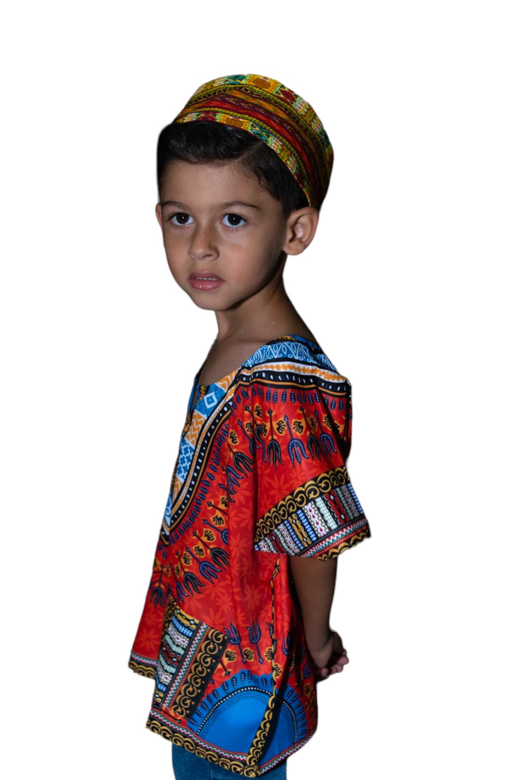 Oferta Combo Camisa Dashiki Afrodescendiente Naranja de Niño + Sombrero (Kufi) Combinado