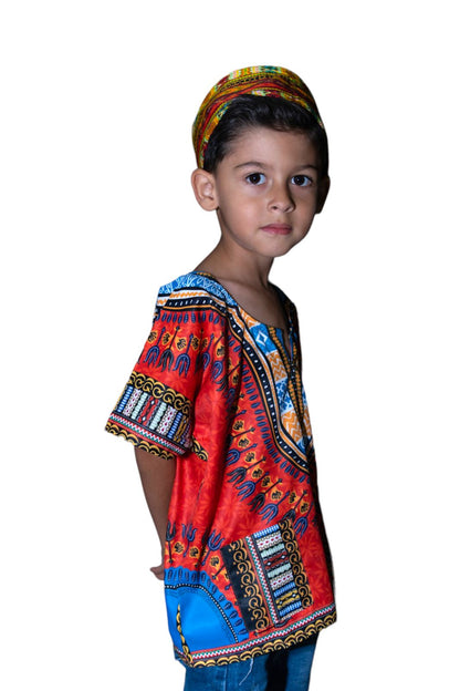 Oferta Combo Camisa Dashiki Afrodescendiente Naranja de Niño + Sombrero (Kufi) Combinado