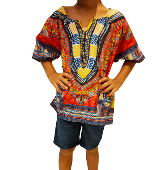 Camisa Dashiki de Niño Afrocaribeño Rojo con Bolsillos