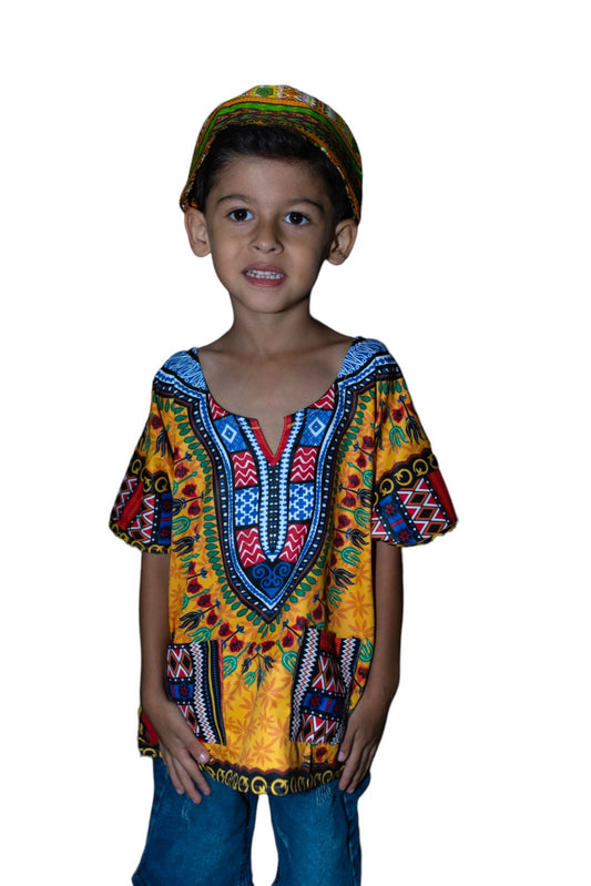 Camisa Dashiki de Niño Afrocaribeño Amarillo con Bolsillos