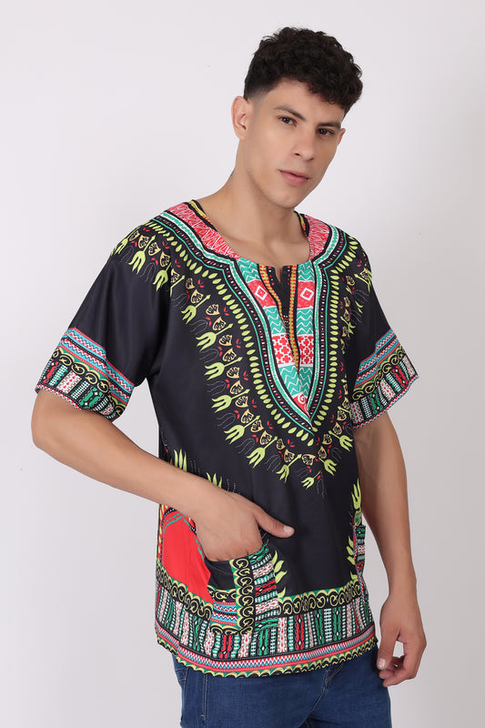 Camisa de Hombre con Estampado Afrocaribeño Negro