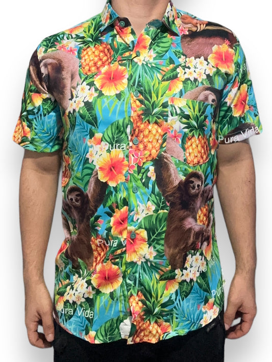 Camisa Hawaiana Playera Caribeña de Caballero Oso Perezoso Pura Vida