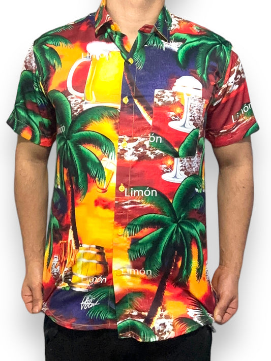 Camisa Hawaiana Playera Caribeña de Caballero Estampado Cerveza Limón