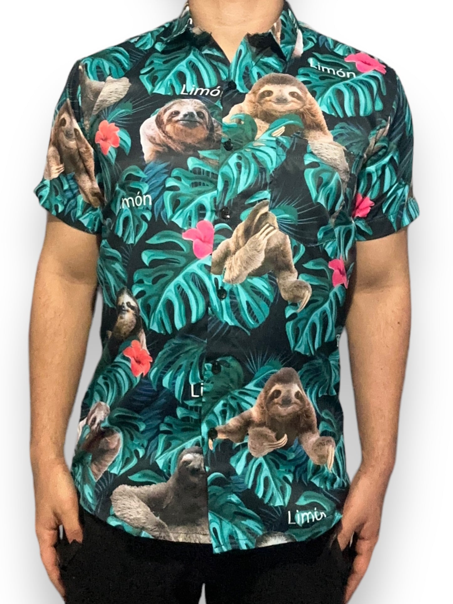 Camisa Hawaiana de Caballero Estampado Oso Perezoso Limón