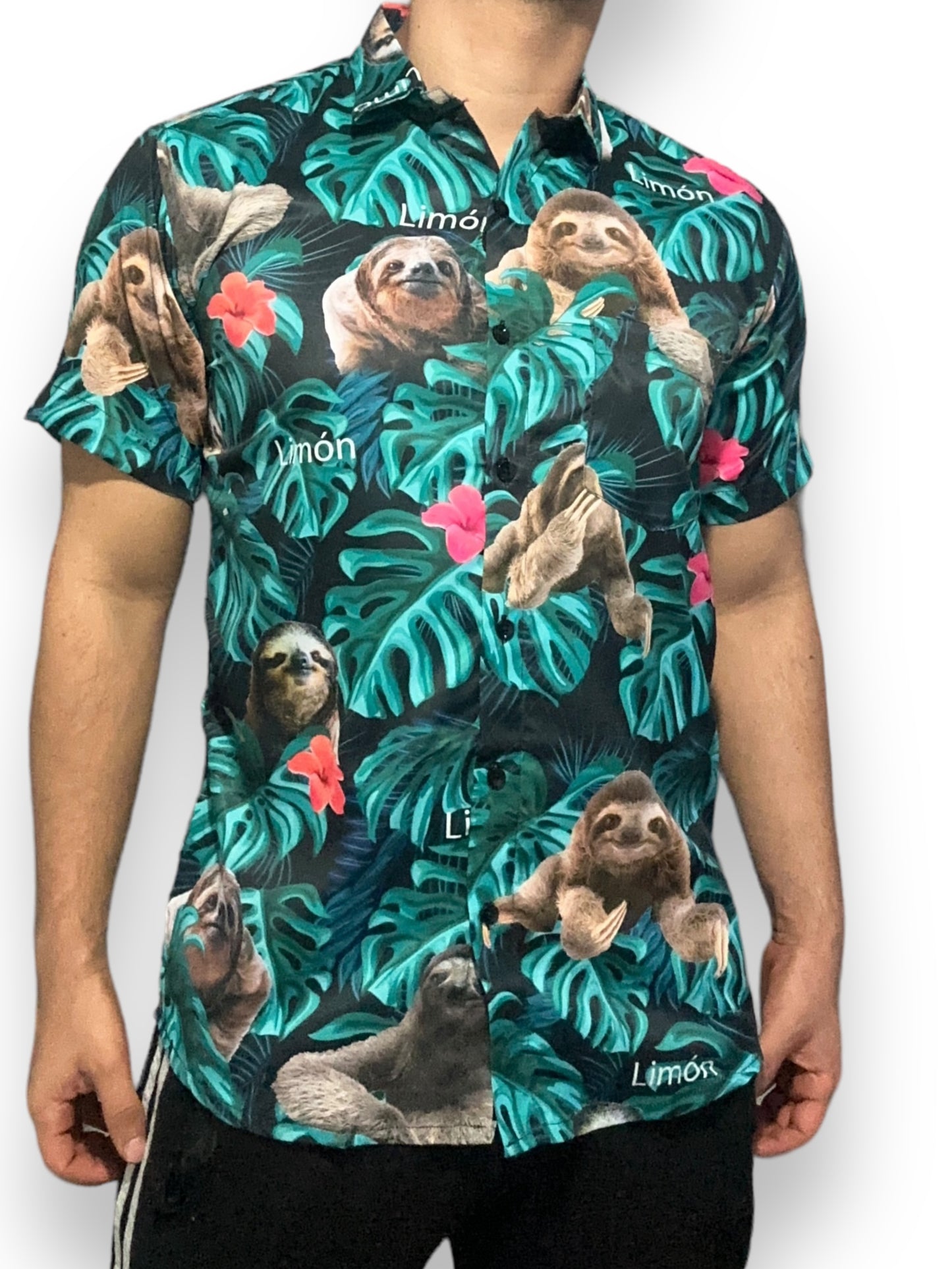 Camisa Hawaiana de Caballero Estampado Oso Perezoso Limón