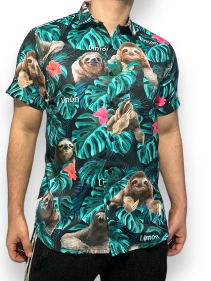 Camisa Hawaiana de Caballero Estampado Oso Perezoso Limón