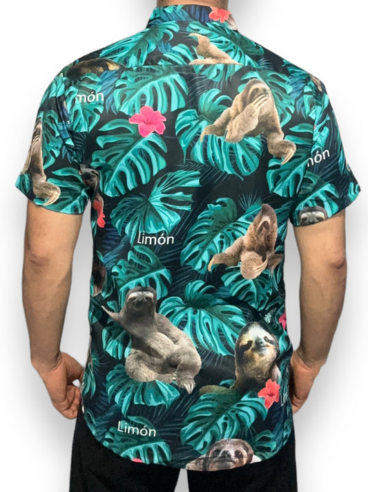 Camisa Hawaiana de Caballero Estampado Oso Perezoso Limón