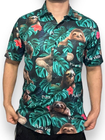 Camisa Hawaiana de Caballero Estampado Oso Perezoso Pura Vida