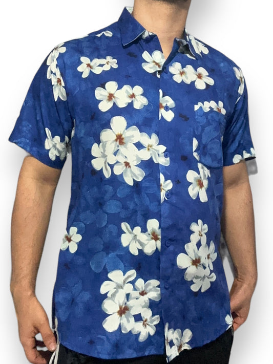 Camisa Hawaiana Playera Caribeña de Caballero Estampado Azul Floreado