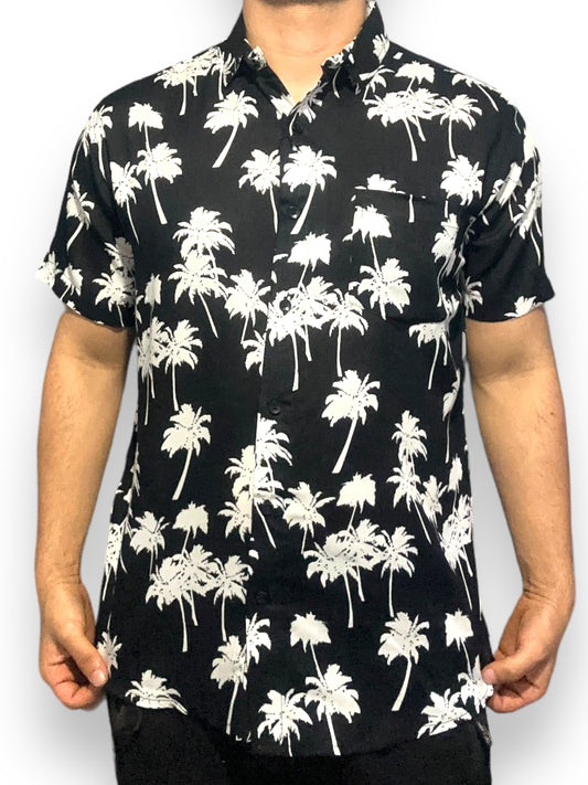 Camisa Hawaiana Playera Caribeña de Caballero Estampado Negro de Palmeras