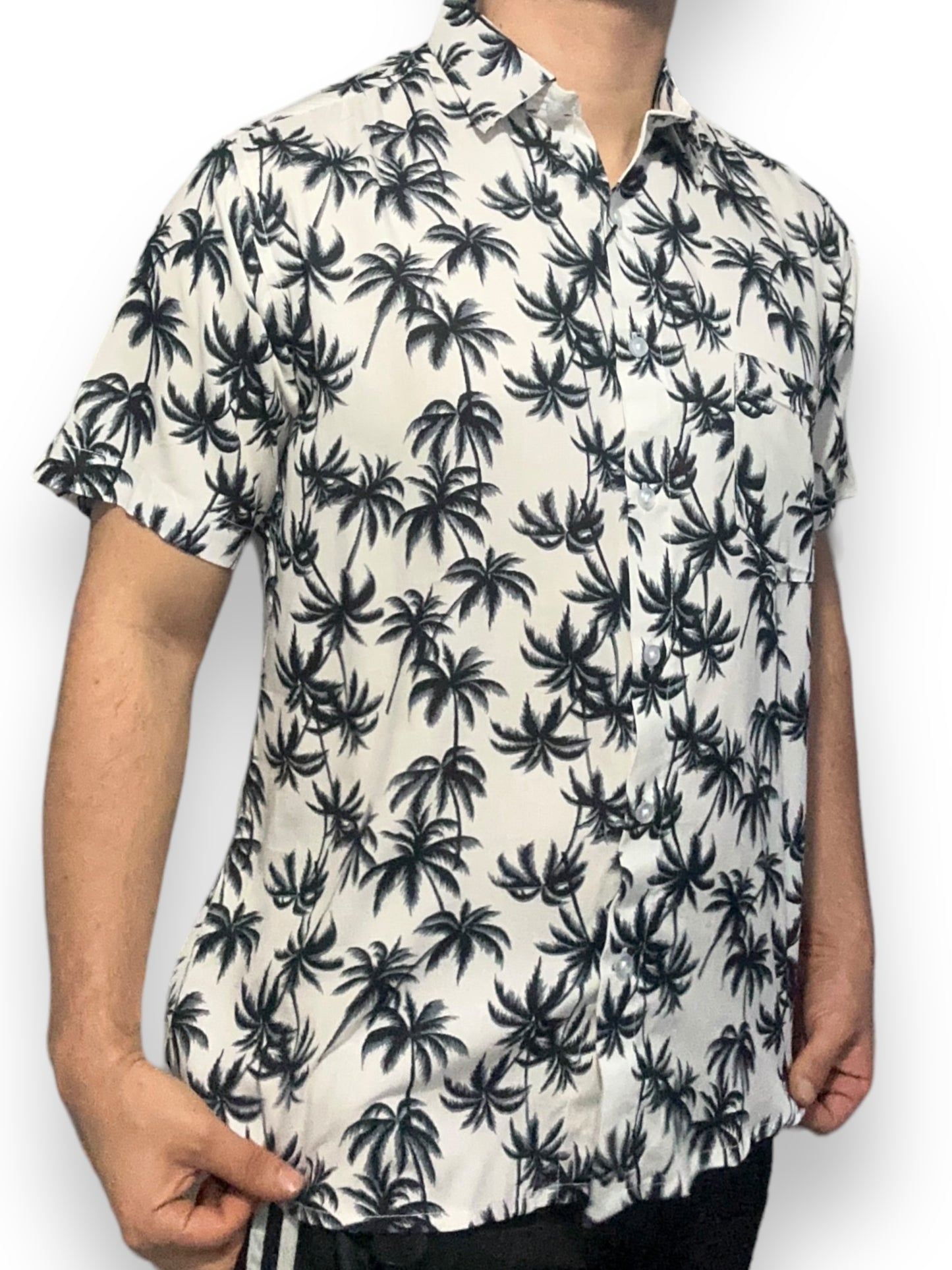 Camisa Hawaiana de Caballero Estampado Blanco de Palmeras