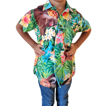 Camisa de Niño Hawaiana de Botones Estampado Oso Perezoso