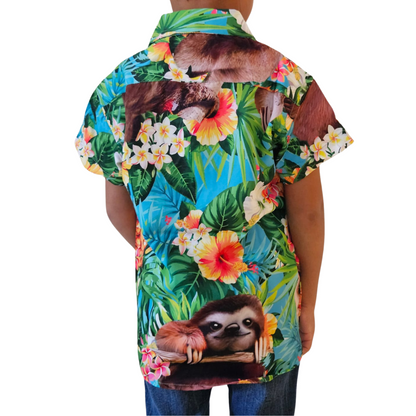 Camisa de Niño Hawaiana de Botones Estampado Oso Perezoso