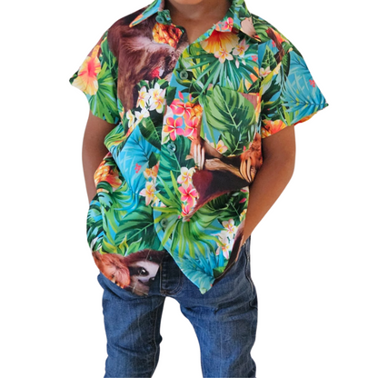 Camisa de Niño Hawaiana de Botones Estampado Oso Perezoso