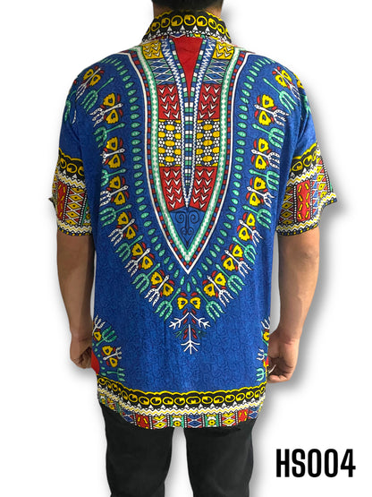 Camisa de Hombre de Botones Estampado Afrocaribeño Azul Rey