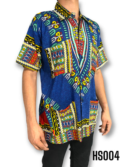 Camisa de Hombre de Botones Estampado Afrocaribeño Azul Rey