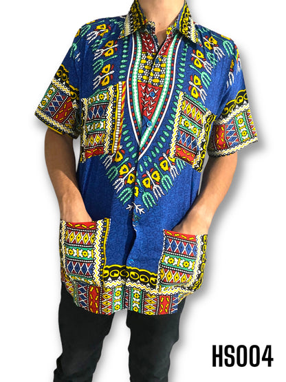 Camisa de Hombre de Botones Estampado Afrocaribeño Azul Rey