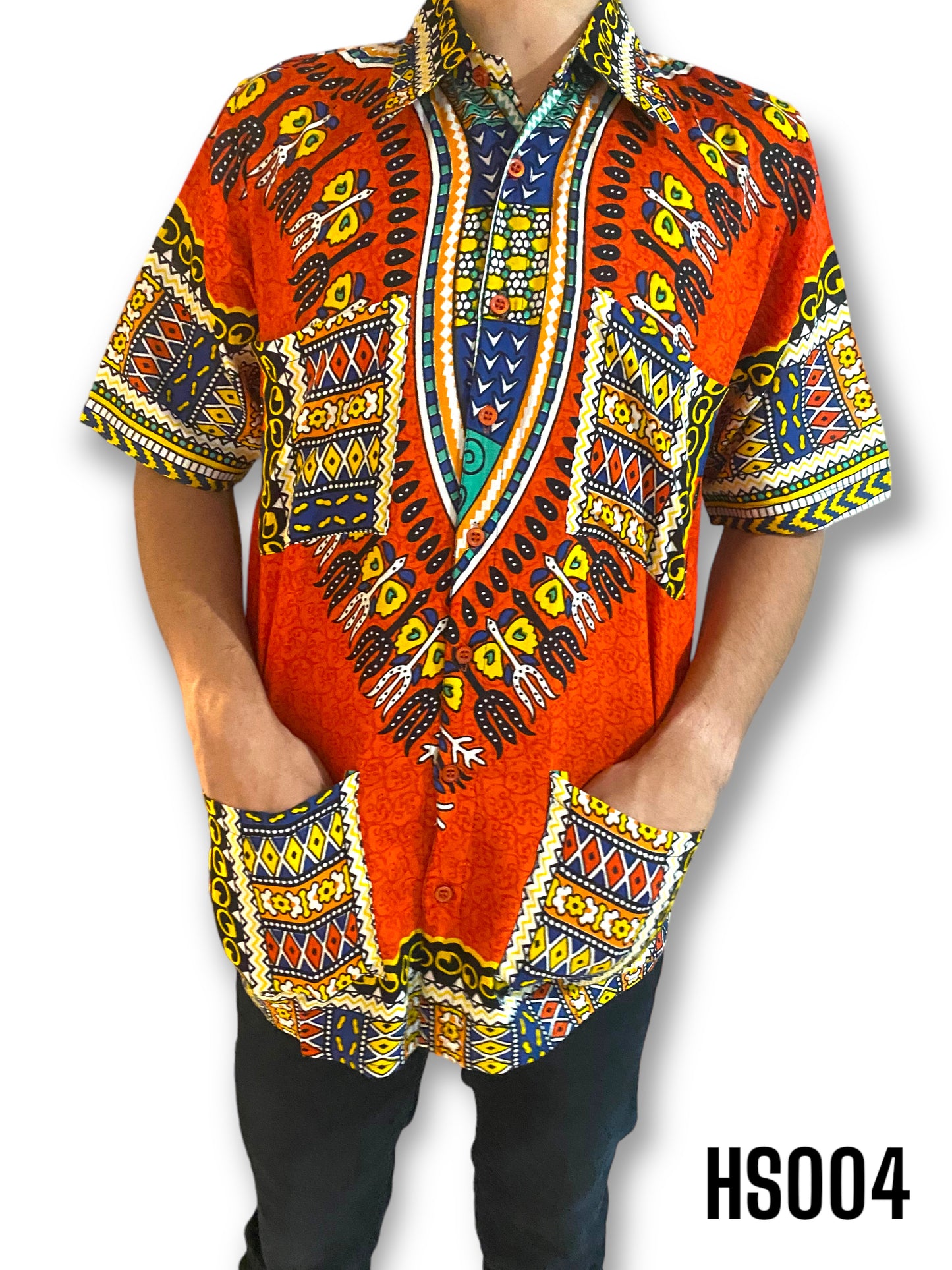 Camisa de Hombre de Botones Estampado Afrocaribeño Naranja