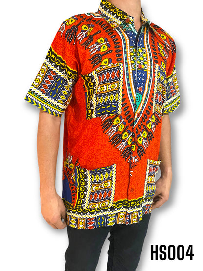 Camisa de Hombre de Botones Estampado Afrocaribeño Naranja