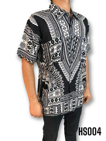 Camisa de Hombre de Botones Estampado Afrocaribeño Negro