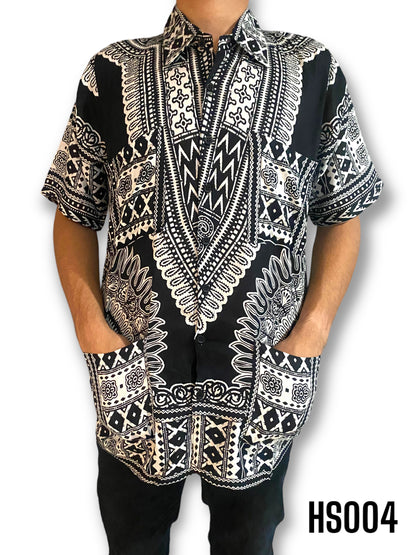 Camisa de Hombre de Botones Estampado Afrocaribeño Negro