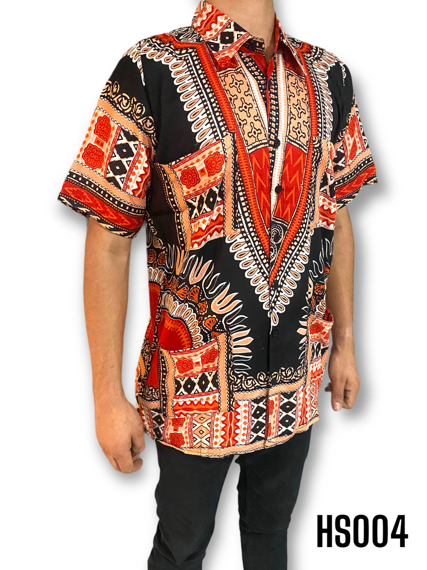 Camisa de Hombre de Botones Estampado Afrocaribeño Negro