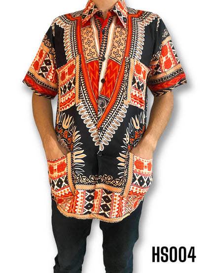 Camisa de Hombre de Botones Estampado Afrocaribeño Negro