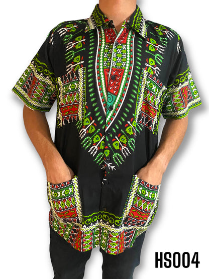 Camisa de Hombre de Botones Estampado Afrocaribeño Negro