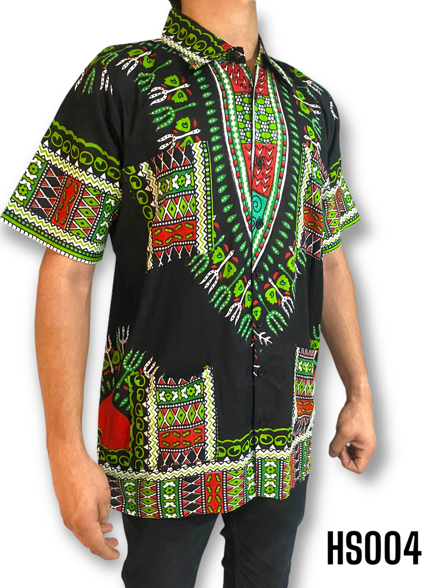 Camisa de Hombre de Botones Estampado Afrocaribeño Negro