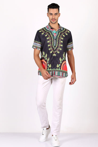 Camisa de Hombre Afrocaribeño Negro de Botones HS402