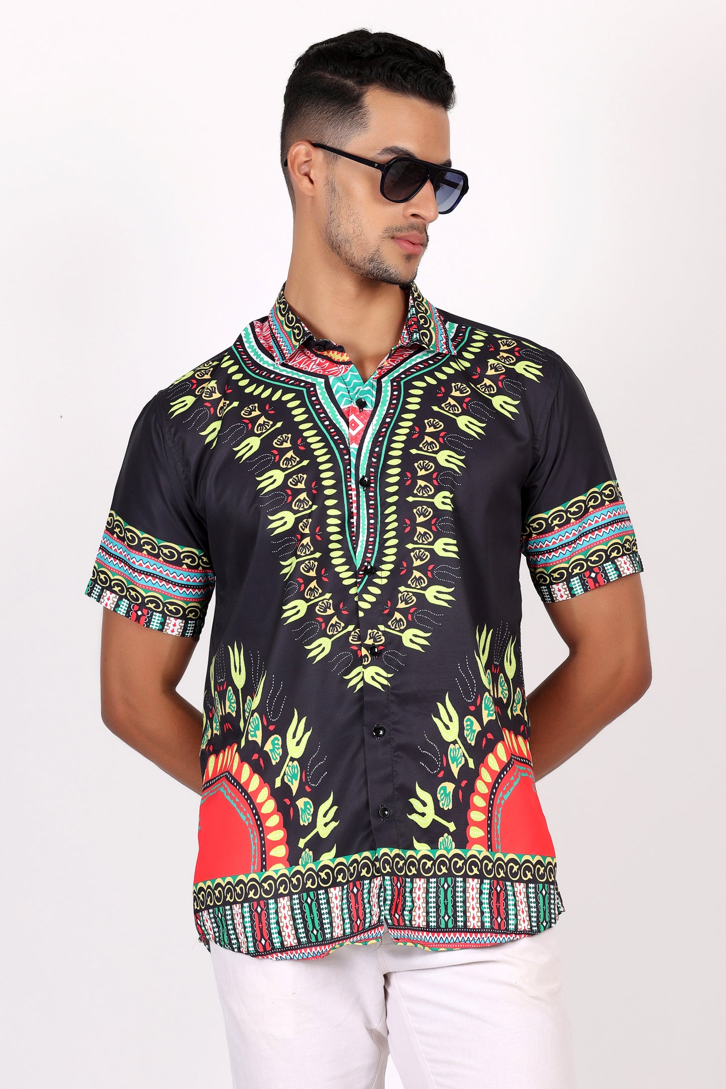 Camisa de Hombre Afrocaribeño Negro de Botones HS402