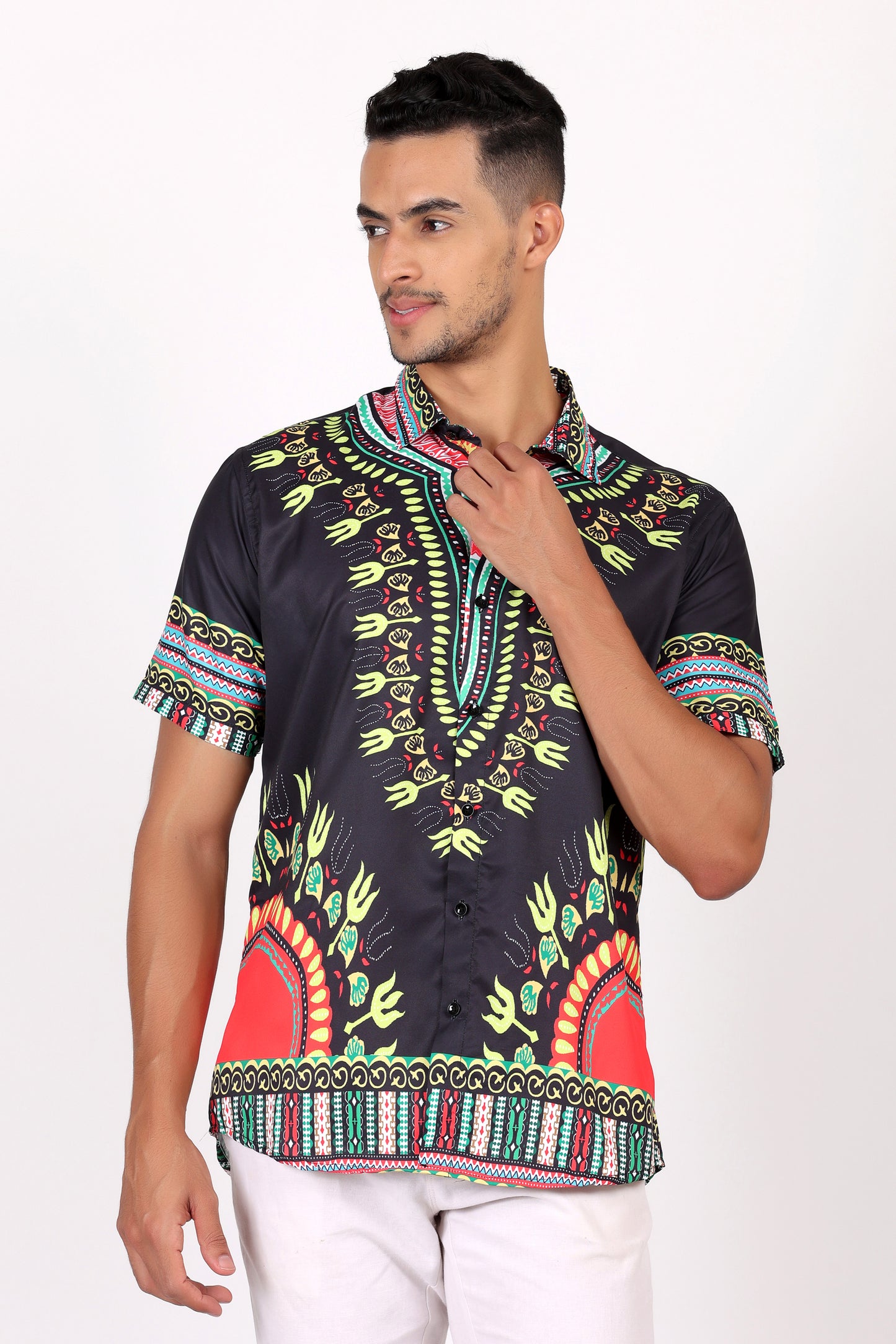 Camisa de Hombre Afrocaribeño Negro de Botones HS402