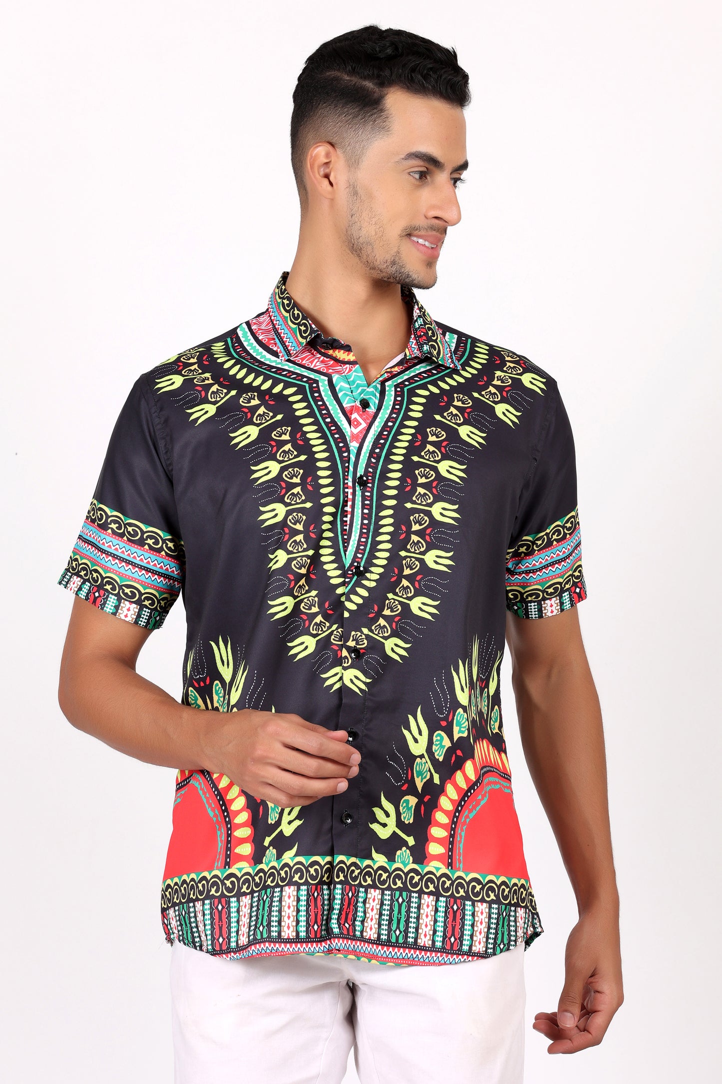 Camisa de Hombre Afrocaribeño Negro de Botones HS402