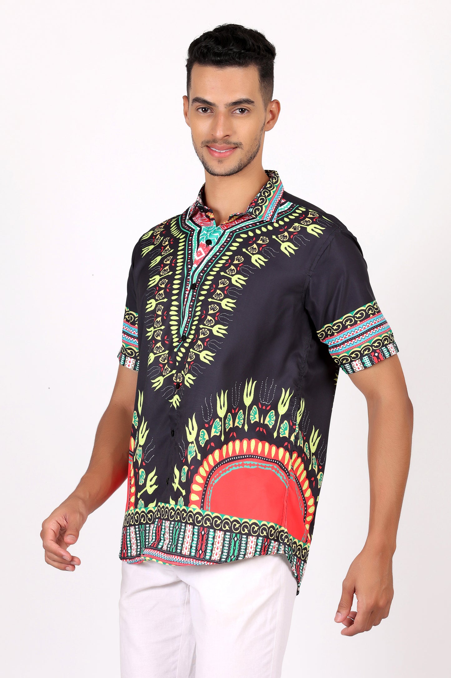 Camisa de Hombre Afrocaribeño Negro de Botones HS402