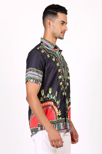 Camisa de Hombre Afrocaribeño Negro de Botones HS402