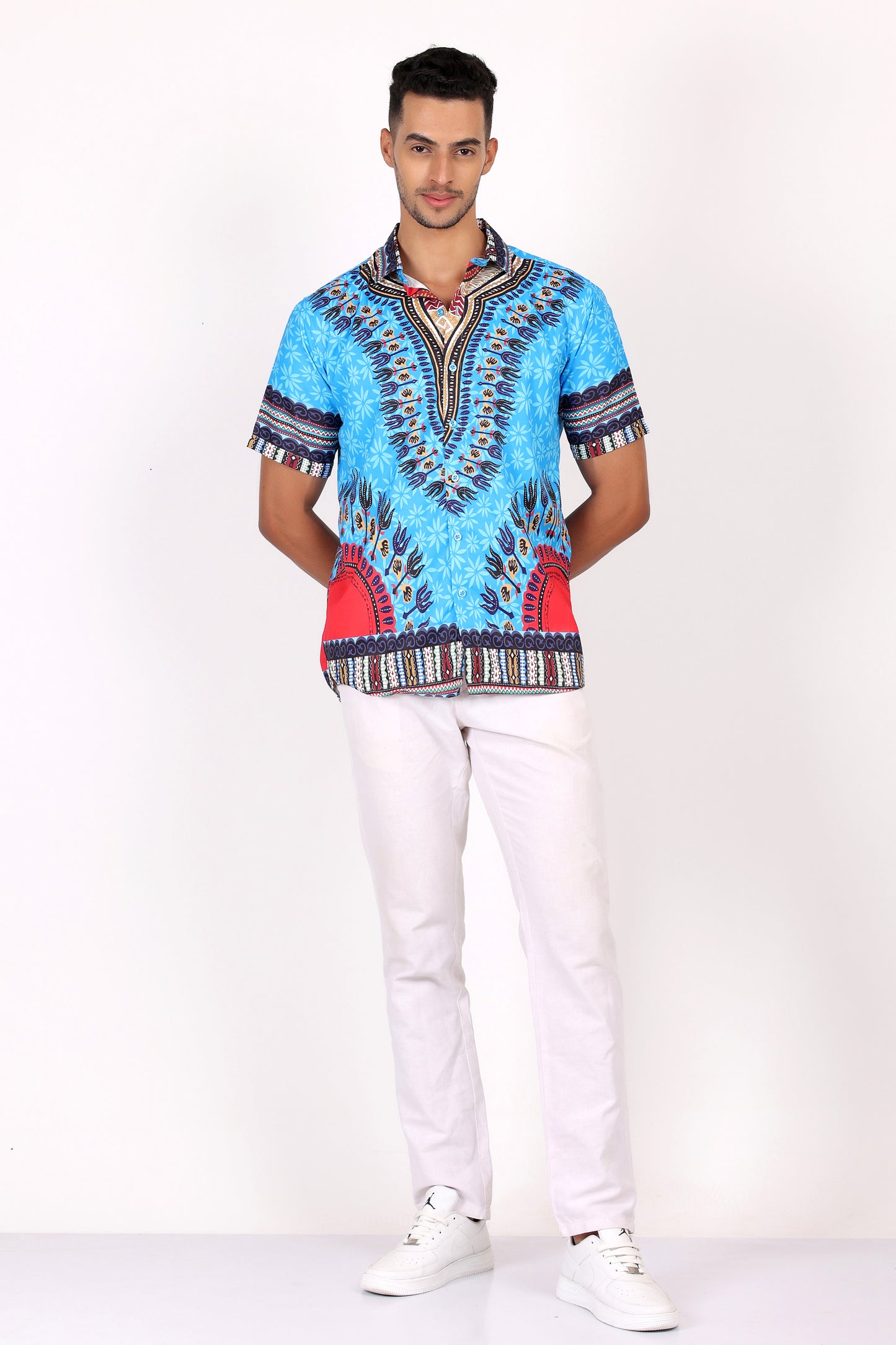 Camisa de Hombre Afrocaribeño Azul Turquesa de Botones HS402