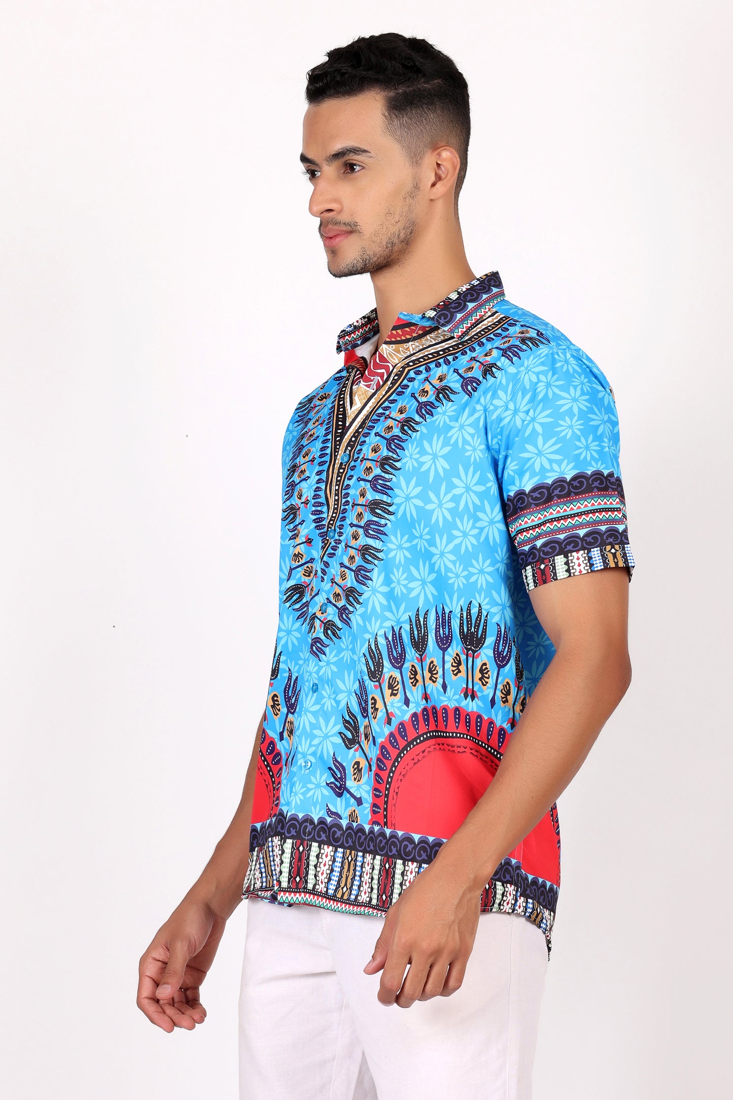 Camisa de Hombre Afrocaribeño Azul Turquesa de Botones HS402