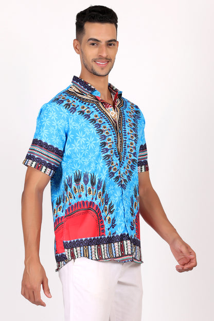 Camisa de Hombre Afrocaribeño Azul Turquesa de Botones HS402