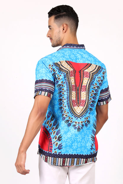 Camisa de Hombre Afrocaribeño Azul Turquesa de Botones HS402