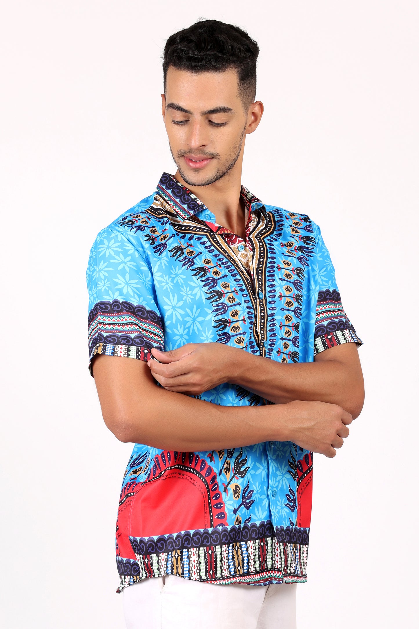 Camisa de Hombre Afrocaribeño Azul Turquesa de Botones HS402