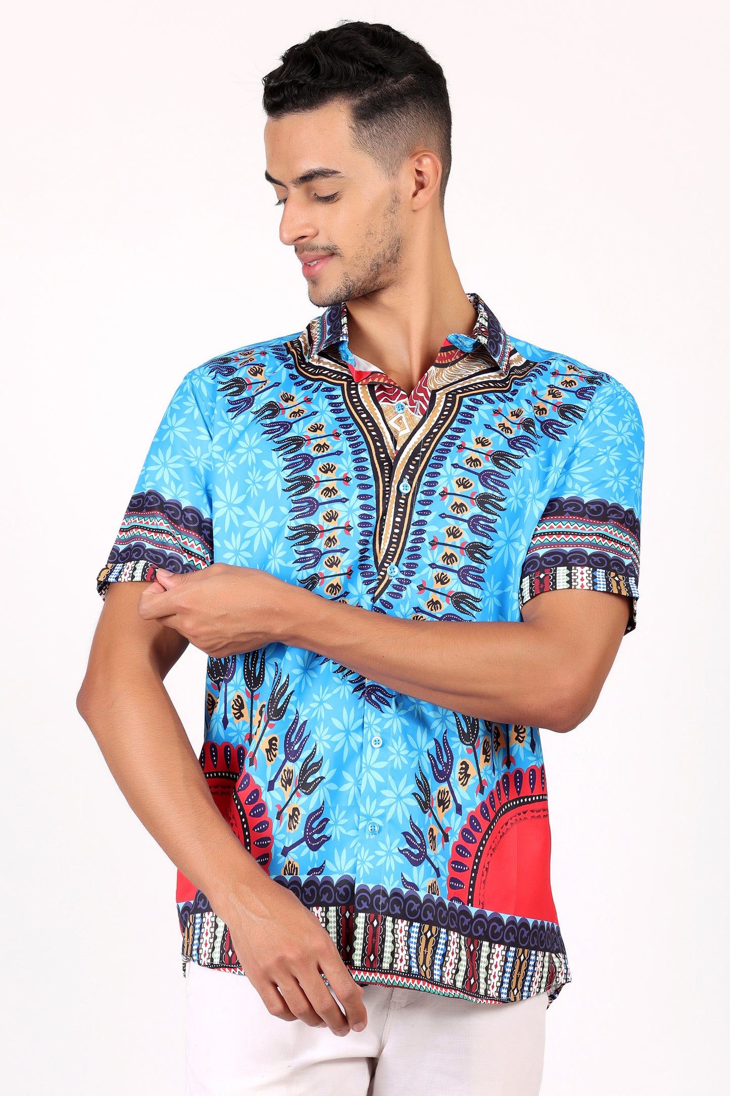 Camisa de Hombre Afrocaribeño Azul Turquesa de Botones HS402